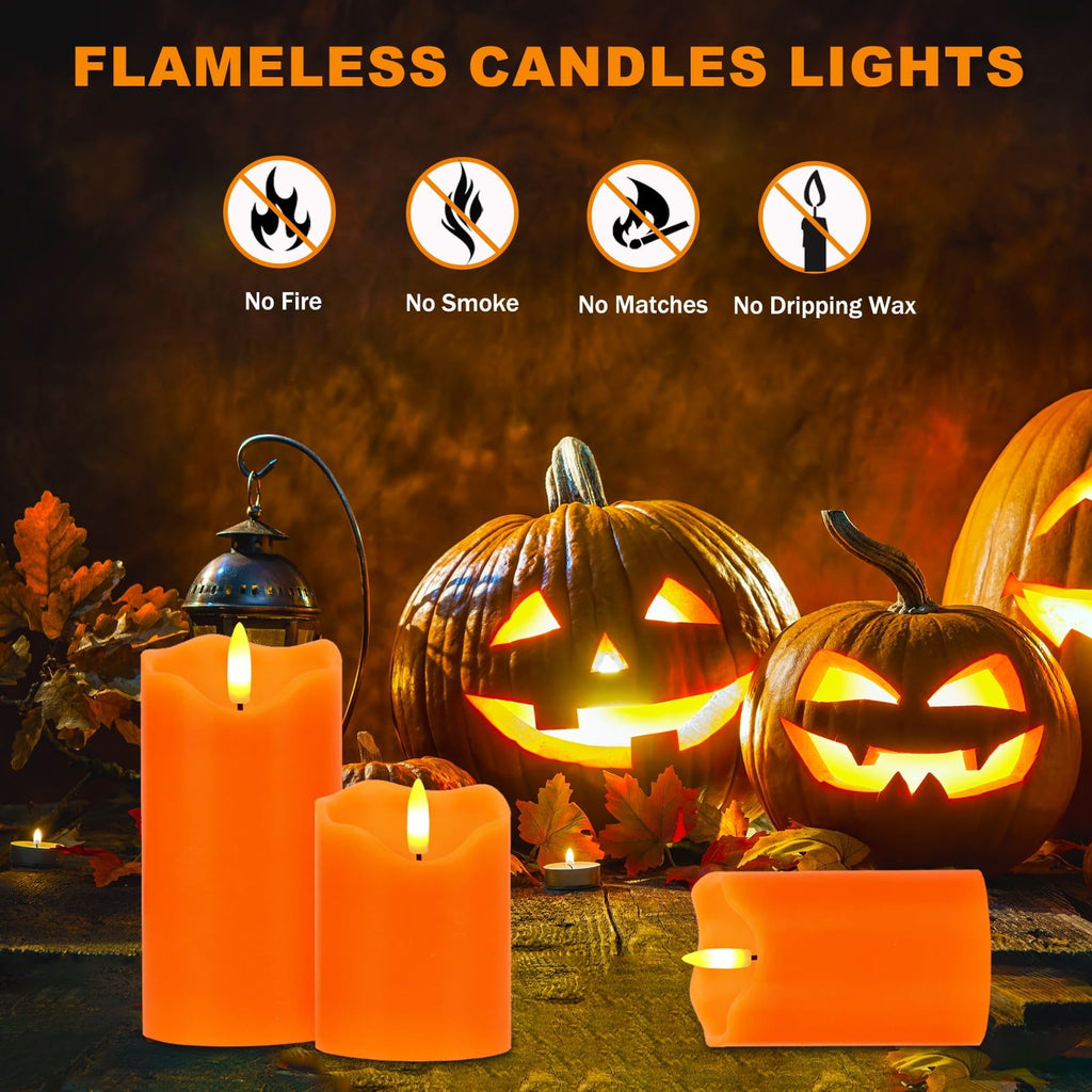 Flameless Candles Lights, Set of 3 Orange Flickering LED Candles with Remote & Timer, Dimmable LED Pillar Candles Battery Operated, Electric Candles for Fall Halloween Thanksgiving Decor