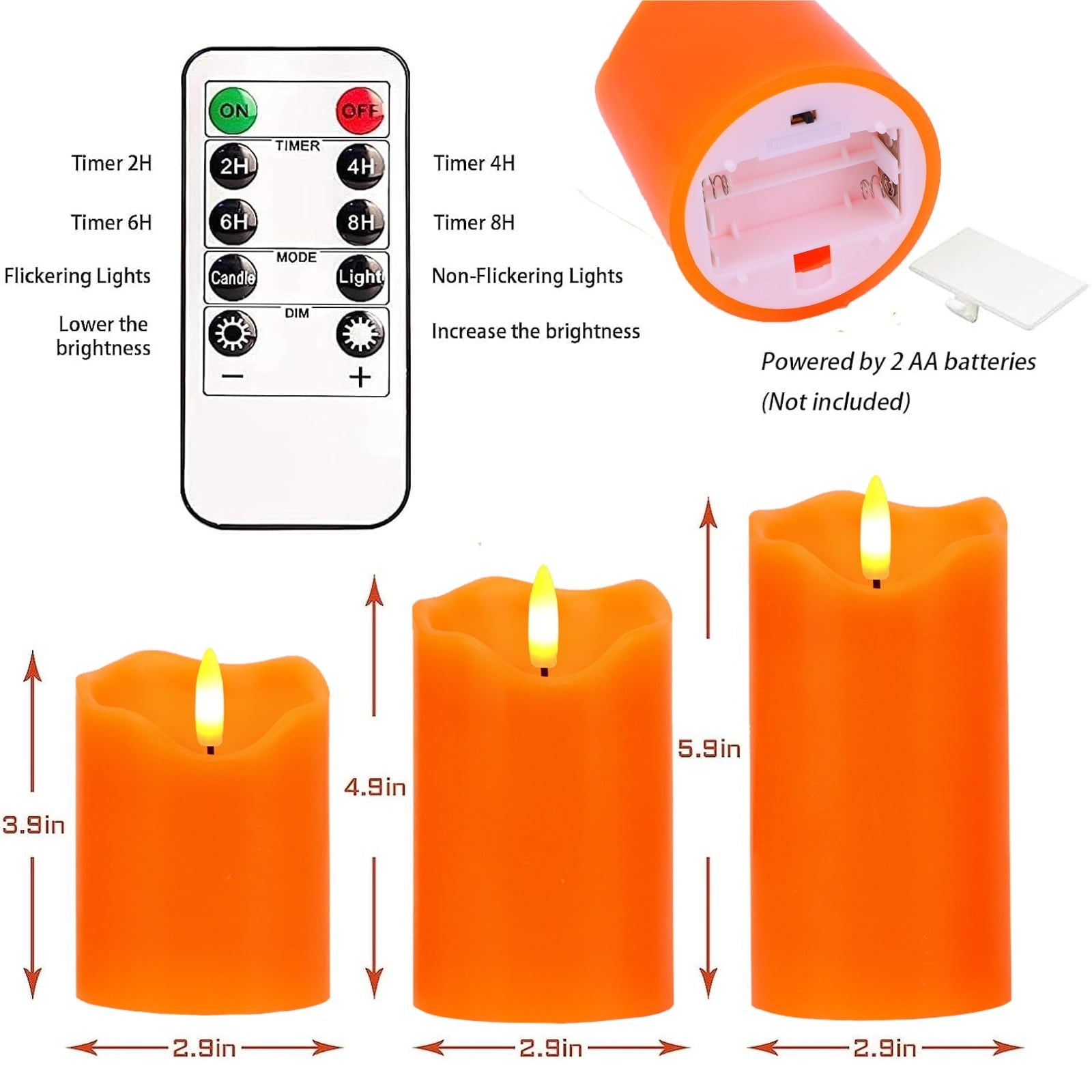 Flameless Candles Lights, Set of 3 Orange Flickering LED Candles with Remote & Timer, Dimmable LED Pillar Candles Battery Operated, Electric Candles for Fall Halloween Thanksgiving Decor