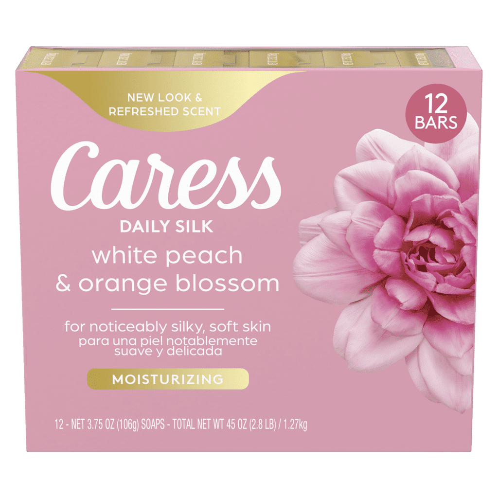Caress Bar Soap for Women, Daily Silk White Peach & Orange Blossom for All Skin 3.75 oz 12 Ct