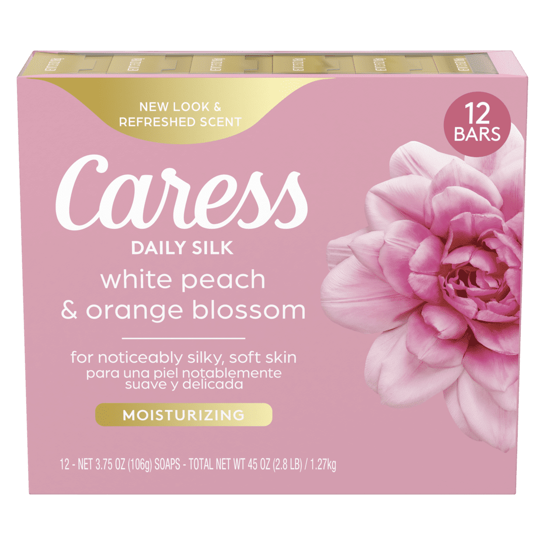 Caress Bar Soap for Women, Daily Silk White Peach & Orange Blossom for All Skin 3.75 oz 12 Ct