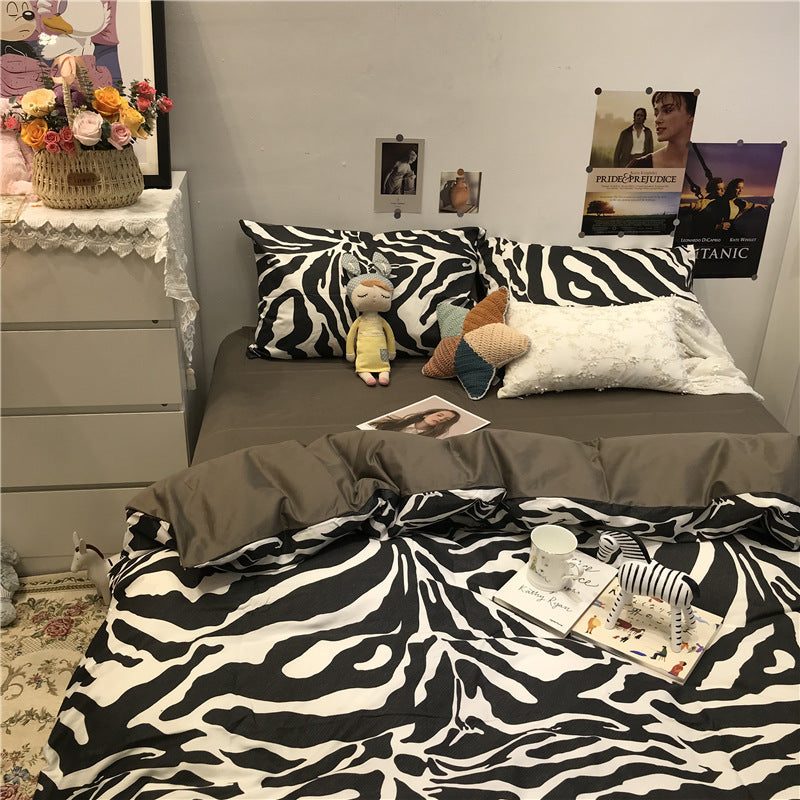 Zebra Pattern Bed Four-piece Set, Cotton Pure Cotton Duvet Cover, Black Three-piece Set Pi-Mart