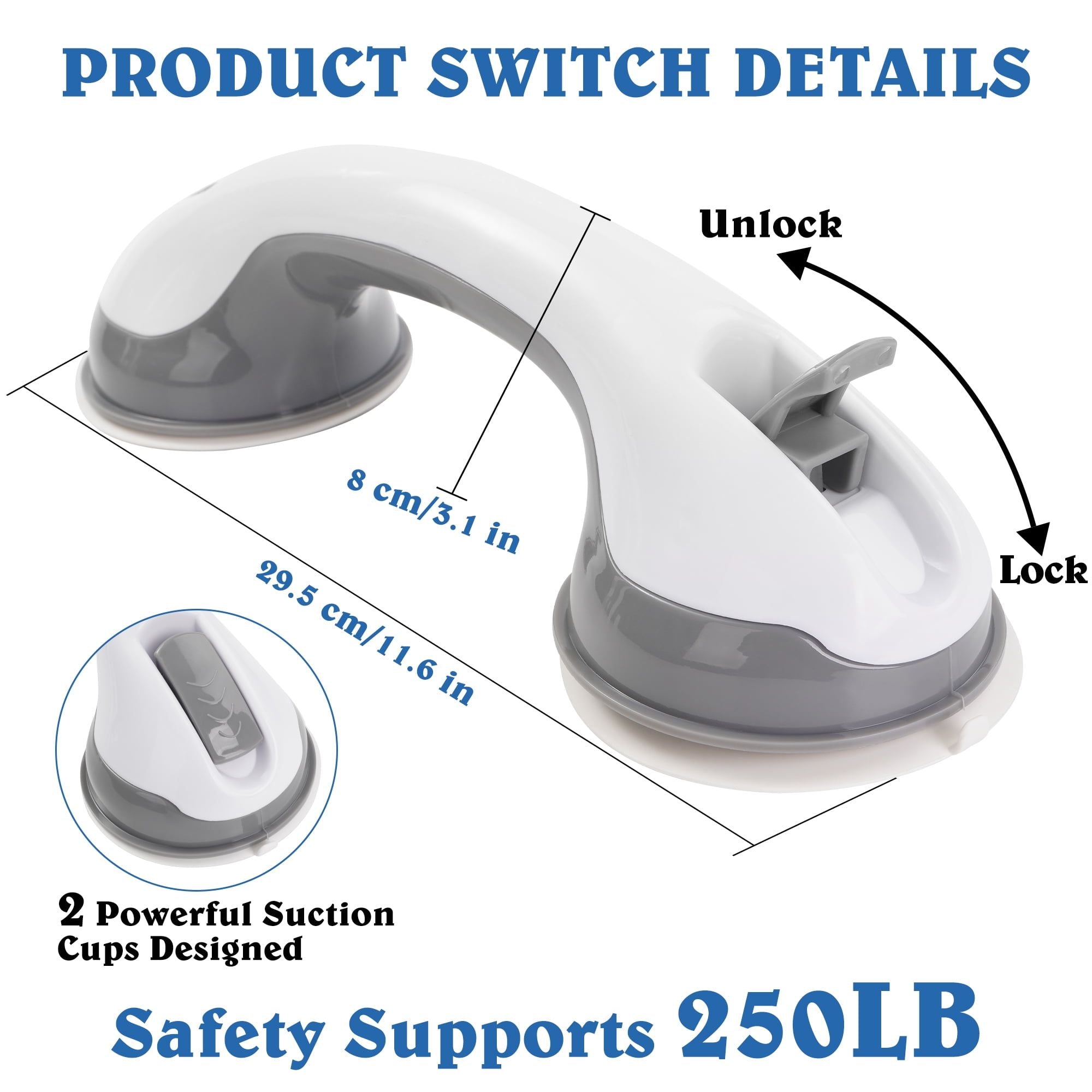 KEKOY 2 Pack Shower Handles for Elderly, Grab Bars for Bathroom, 12" Suction Bath Tub Hand Rail, Anti-Slip Safety Bar with Shower Pouf and Hook
