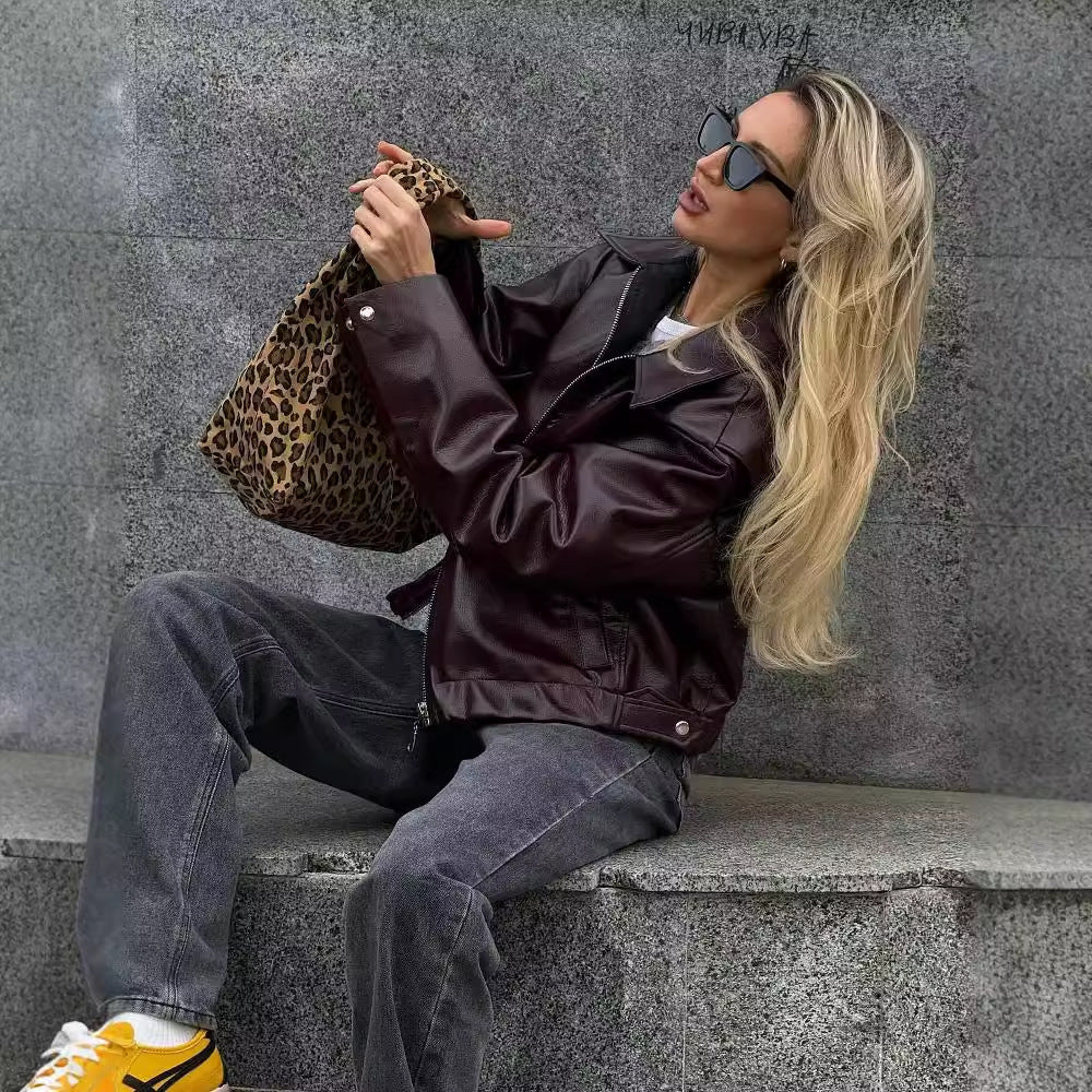 Solid Color Lapel Zipper Jacket Fashion Casual Long Sleeve Leather Coat Tops Women Clothing Pi-Mart