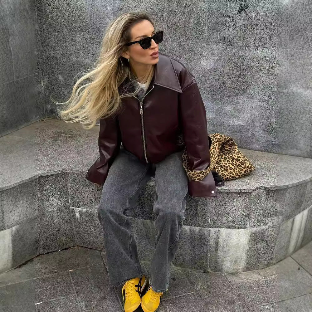 Solid Color Lapel Zipper Jacket Fashion Casual Long Sleeve Leather Coat Tops Women Clothing Pi-Mart