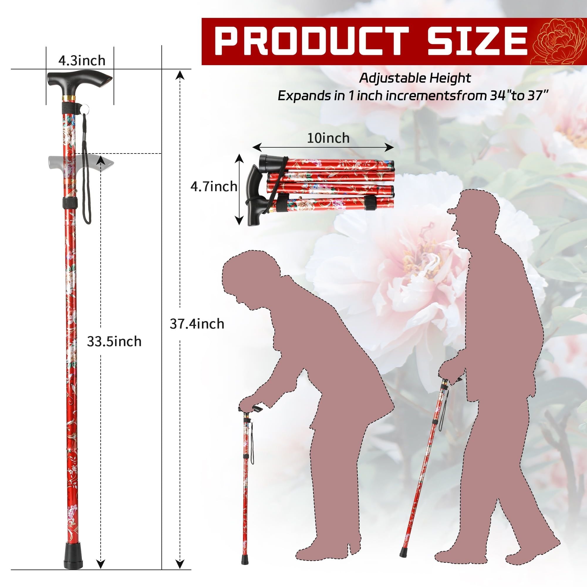 KEKOY Folding Cnes for Walking, 34" to 37" Height Adjustable Walking Stick for Men & Women with 2 Cane Tips, Folding Walking Cane, 5-Level Height Adjustable Cane