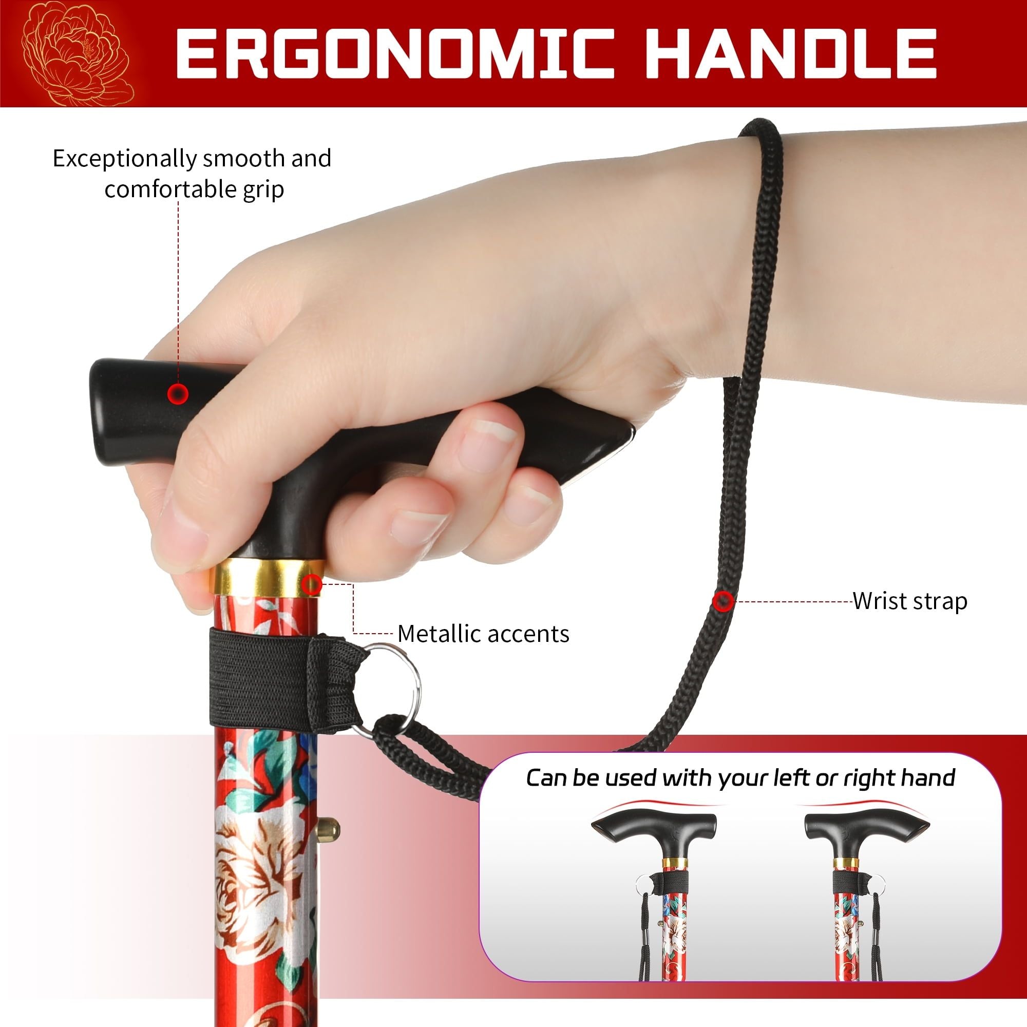 KEKOY Folding Cnes for Walking, 34" to 37" Height Adjustable Walking Stick for Men & Women with 2 Cane Tips, Folding Walking Cane, 5-Level Height Adjustable Cane