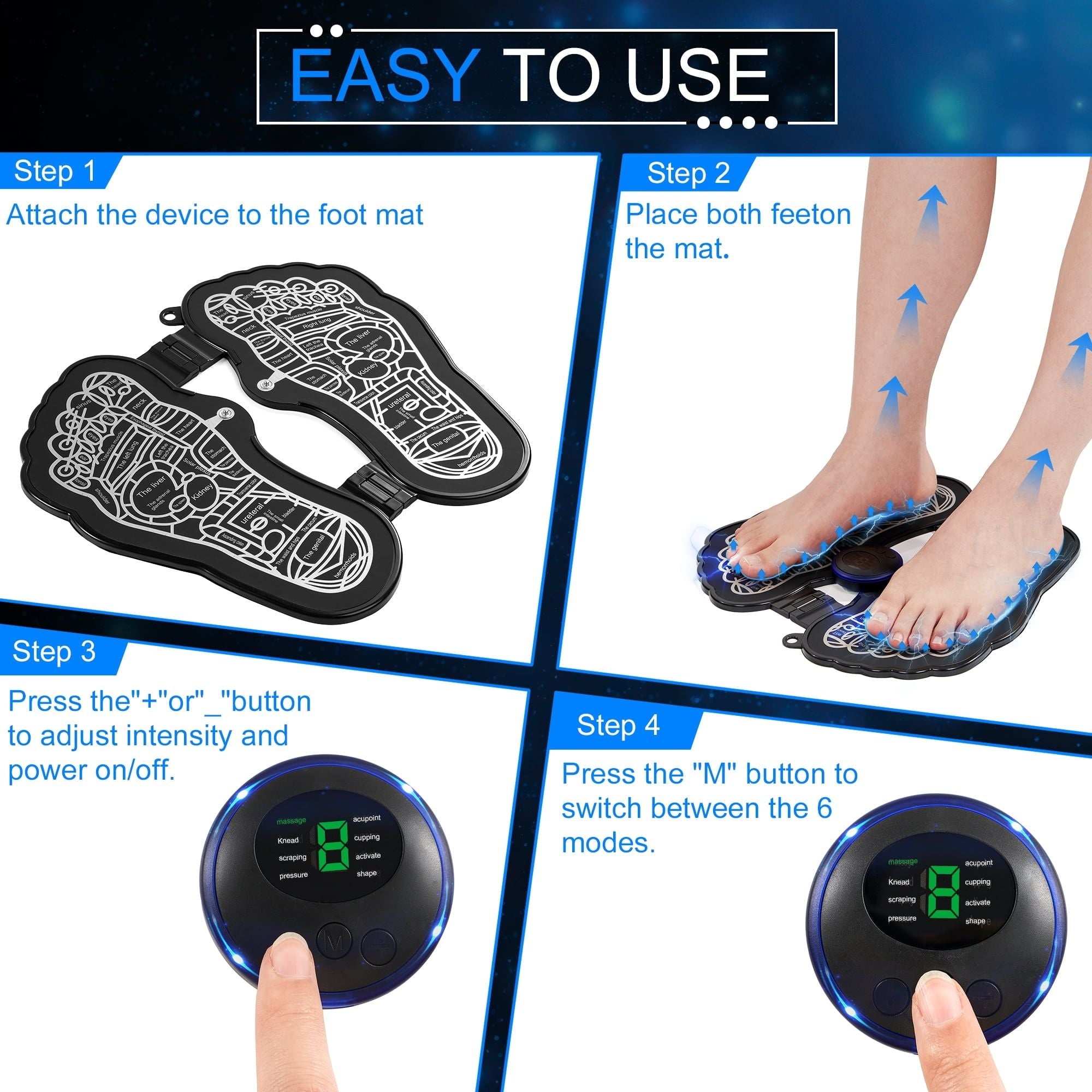 KEKOY EMS Foot Massager Pad with Romote Control, Electric USB Rechargeable Foot Massage Mat with 8 Modes 19 Intensity Promote Blood Circulation