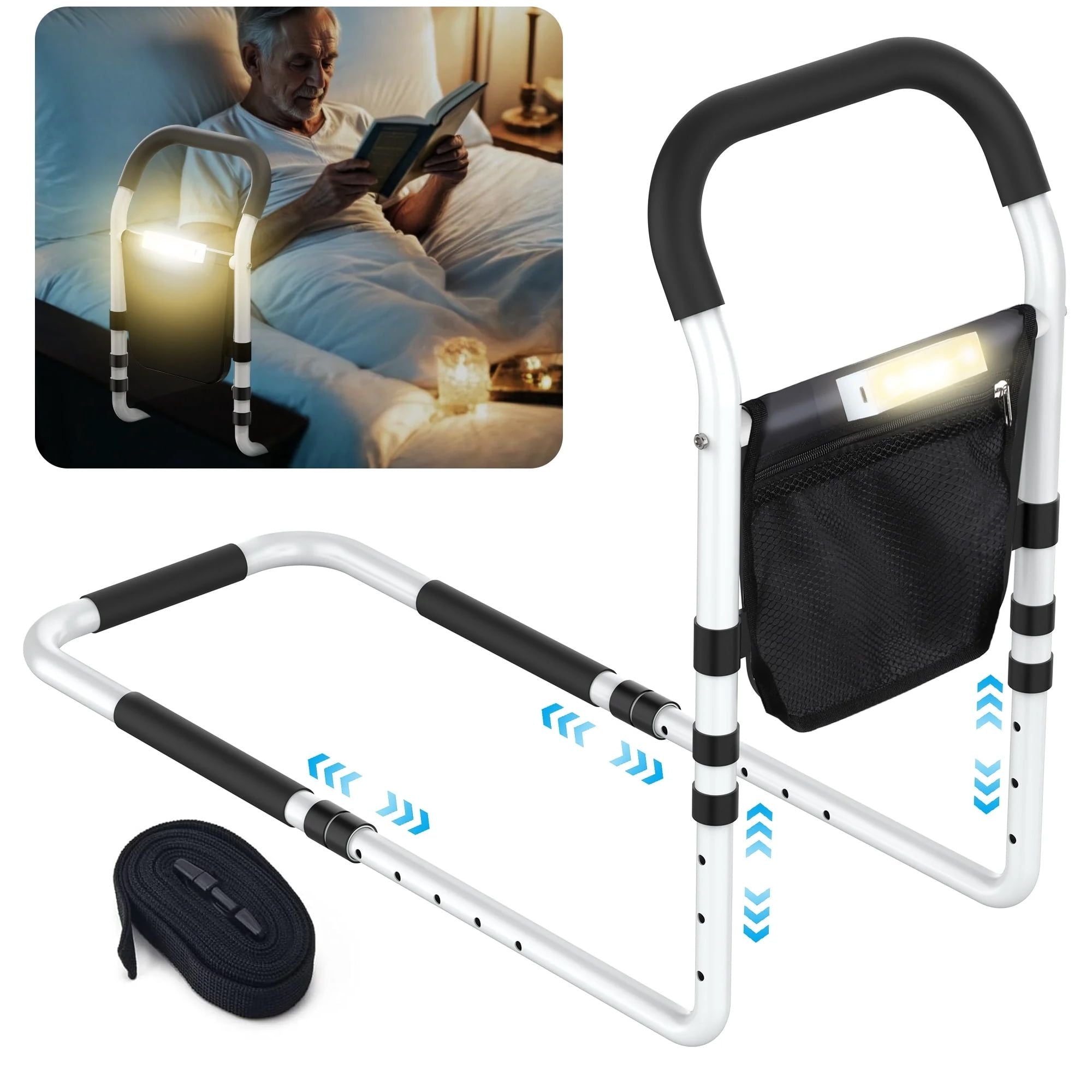 Kekoy Bed Rails for Elderly Adults, Adjustable Assist Beds Rail for Senior with Storage Bag & Light, Bed Support Steel Bar Mobility Assistant, Fix All Beds Frame