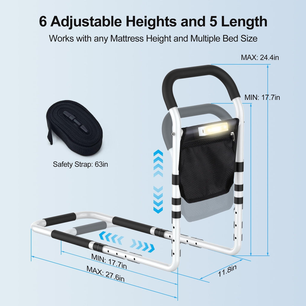 Kekoy Bed Rails for Elderly Adults, Adjustable Assist Beds Rail for Senior with Storage Bag & Light, Bed Support Steel Bar Mobility Assistant, Fix All Beds Frame