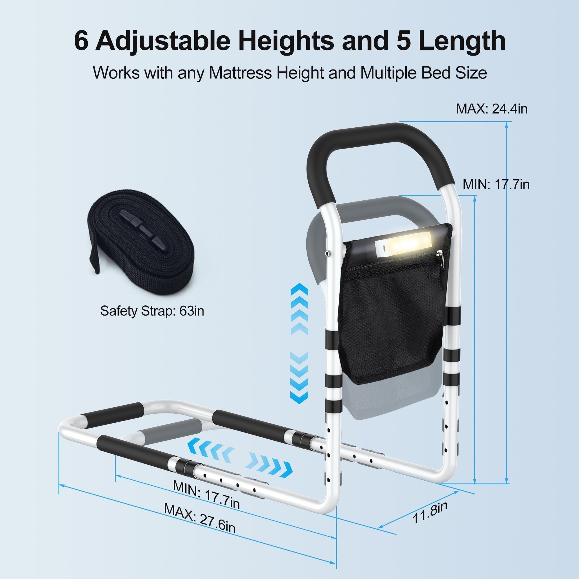 Kekoy Bed Rails for Elderly Adults, Adjustable Assist Beds Rail for Senior with Storage Bag & Light, Bed Support Steel Bar Mobility Assistant, Fix All Beds Frame
