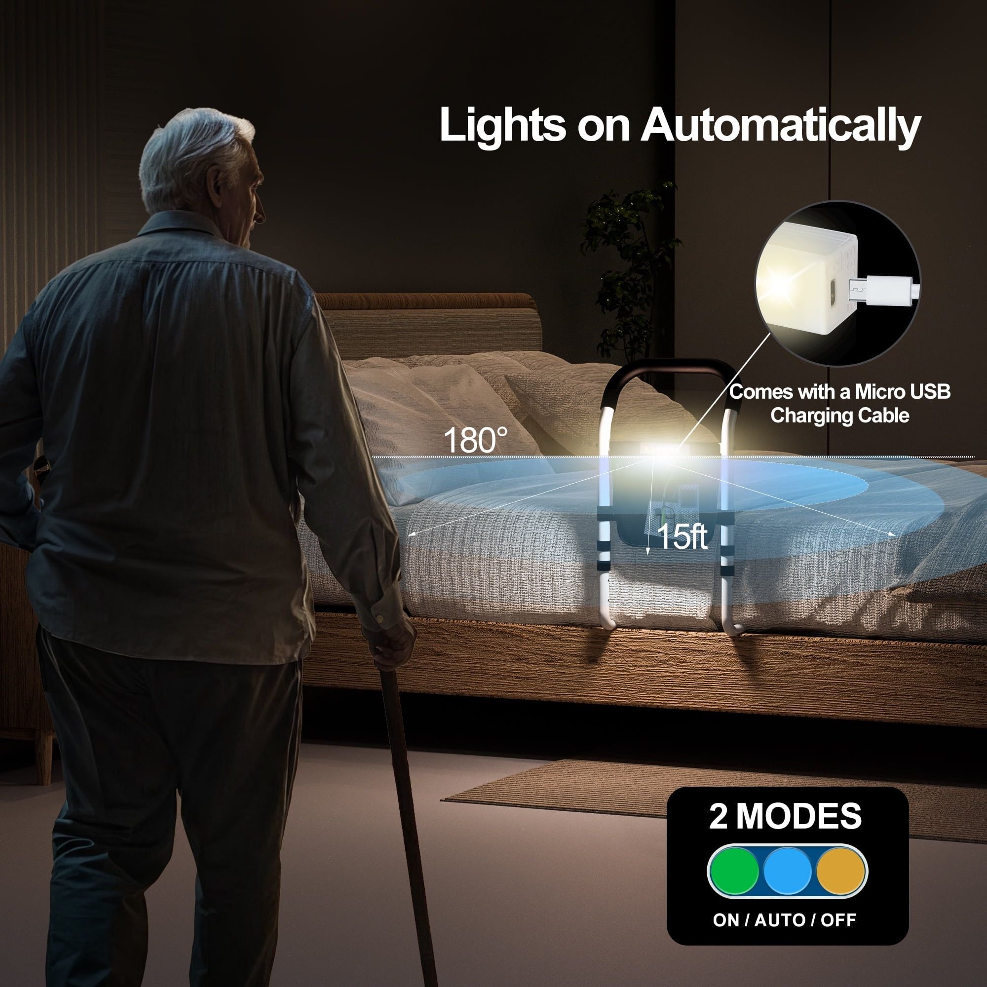 Kekoy Bed Rails for Elderly Adults, Adjustable Assist Beds Rail for Senior with Storage Bag & Light, Bed Support Steel Bar Mobility Assistant, Fix All Beds Frame