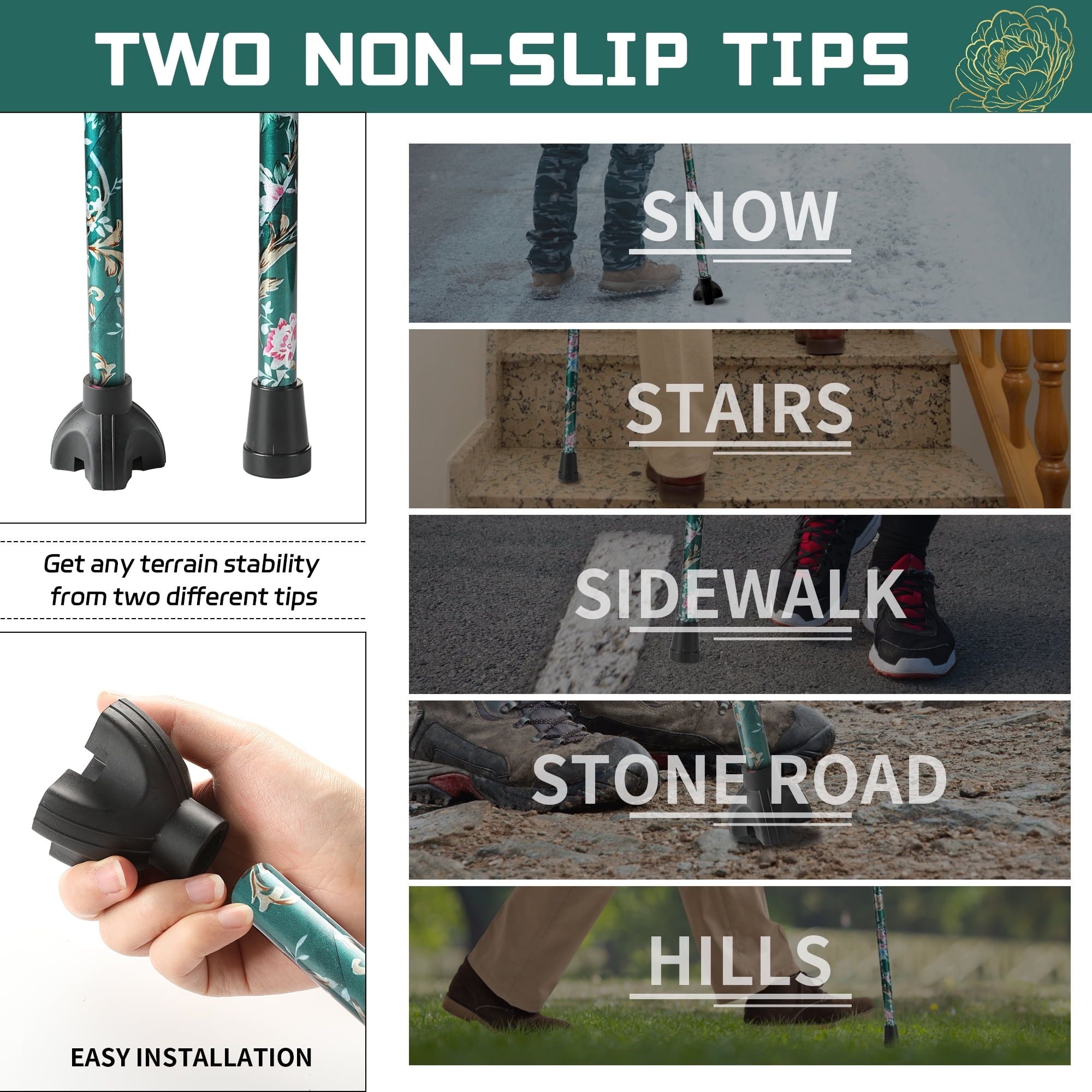 KEKOY Folding Cane, 5-Level Adjustable Height Walking Stick Lightweight Walking Cane for Men & Women - Foldable, Adjustable, Collapsible, Free Standing Cane with 2 Cane Tips EasyOptionXY LLC