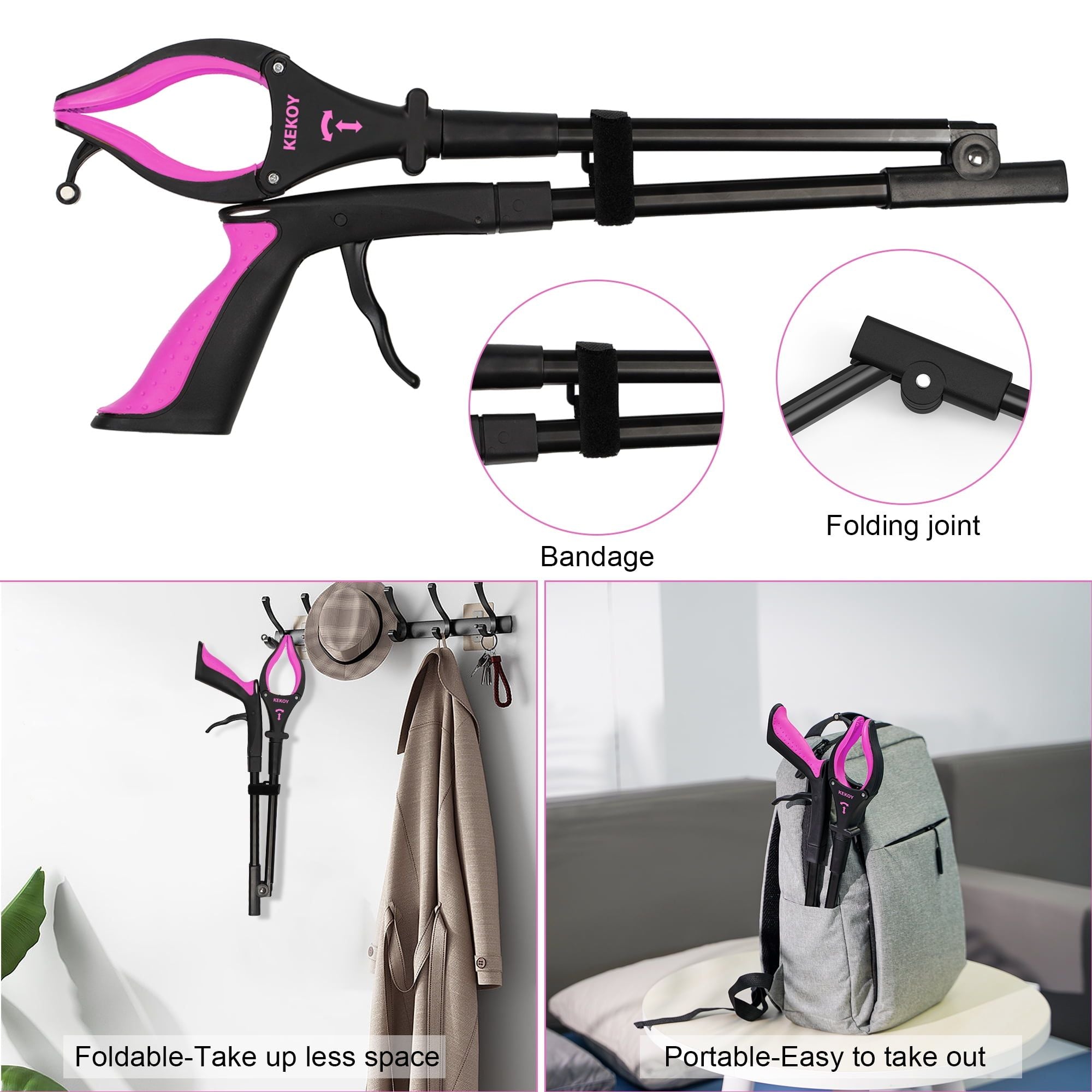 Kekoy 32" 2 Pack Reacher Grabber Tool, Foldable Grabbers for Elderly, Trash Picker Grabber with Light, Magnetic Pick up Tool Reaching Aids, Purple