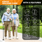 Kekoy Walking Cane, Canes for Men Women With Led Light, Foldable Adjustable Cane for Seniors Stability, 360 Pivoting Base Quad Cane with 2nd Handle and Carrying Bag