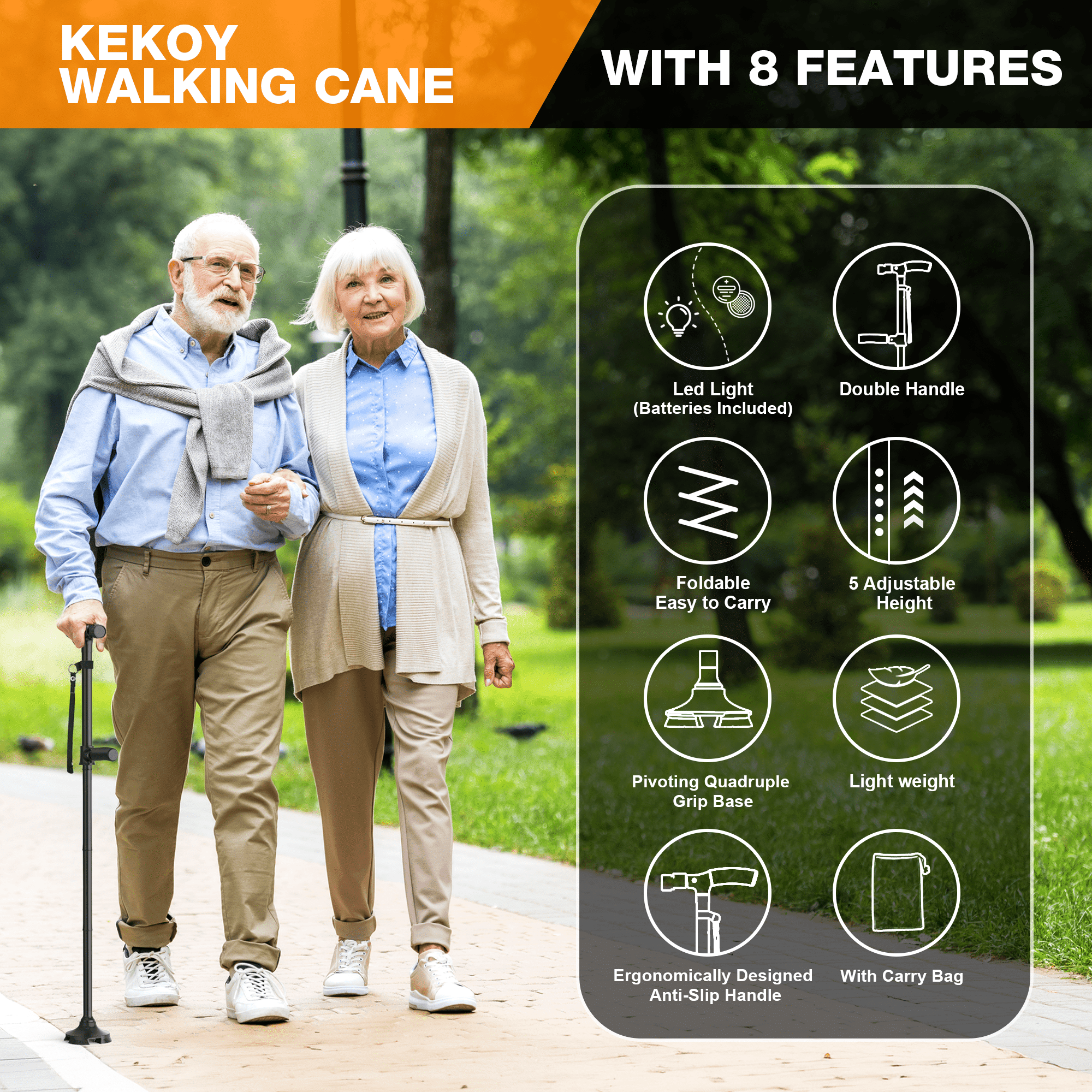 Kekoy Walking Cane, Canes for Men Women With Led Light, Foldable Adjustable Cane for Seniors Stability, 360 Pivoting Base Quad Cane with 2nd Handle and Carrying Bag