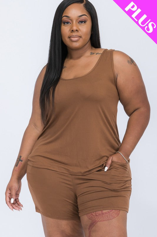 Plus Solid Comfy Tank Top & Shorts Set THRIXINE