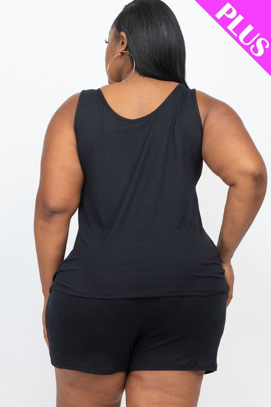 Plus Solid Comfy Tank Top & Shorts Set THRIXINE