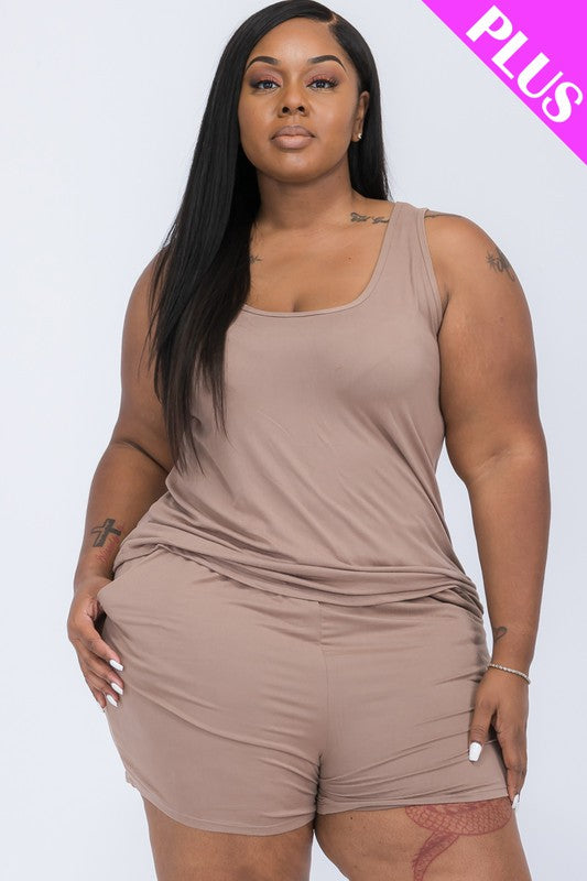 Plus Solid Comfy Tank Top & Shorts Set THRIXINE