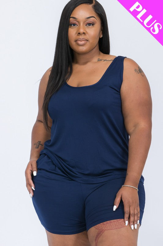 Plus Solid Comfy Tank Top & Shorts Set THRIXINE