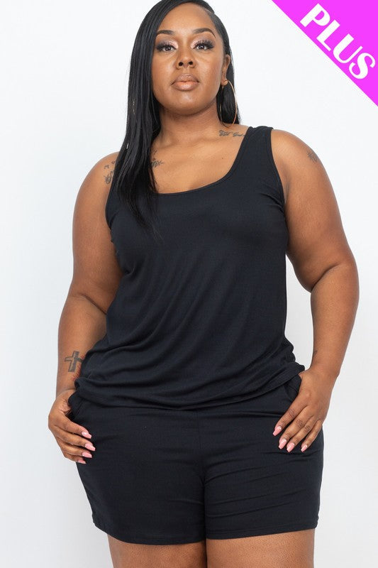 Plus Solid Comfy Tank Top & Shorts Set THRIXINE