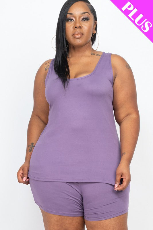 Plus Solid Comfy Tank Top & Shorts Set THRIXINE