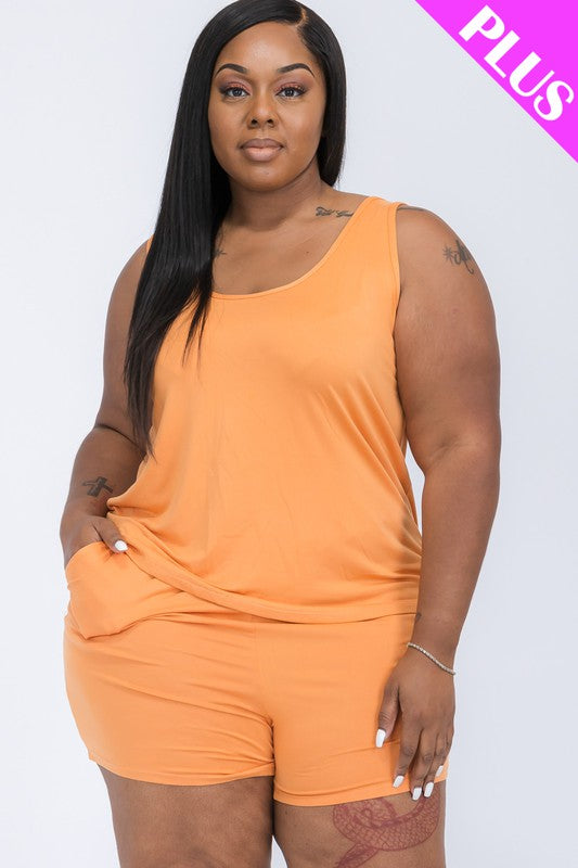 Plus Solid Comfy Tank Top & Shorts Set THRIXINE