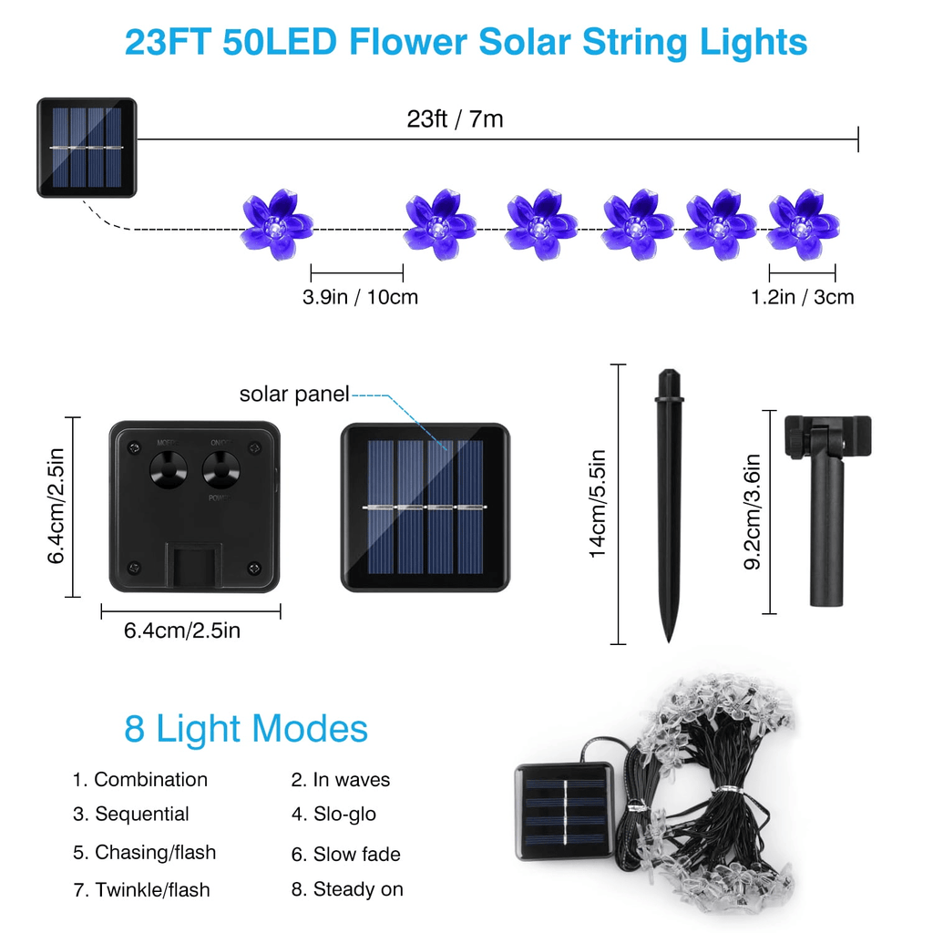 23ft 50 LED Solar Flower String Lights, Outdoor Cherry Blossoms Solar Fairy Lights for Fence Garden Yard Patio Tree Decor, Blue EasyOptionXY LLC