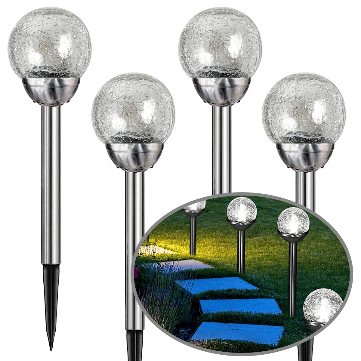 Garden Solar Lights, Cracked Glass Ball Waterproof Cool White LED for Outdoor Decor Decorations Pathway Patio Yard Lawn, 4 Pack EasyOptionXY LLC