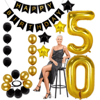 50th Birthday Decorations Kit, Large Number 50 Balloons, Black and Gold Happy Birthday Banner with Latex and Star Balloons, 50 Birthday Balloons Set Party Supplies, 24 Pack