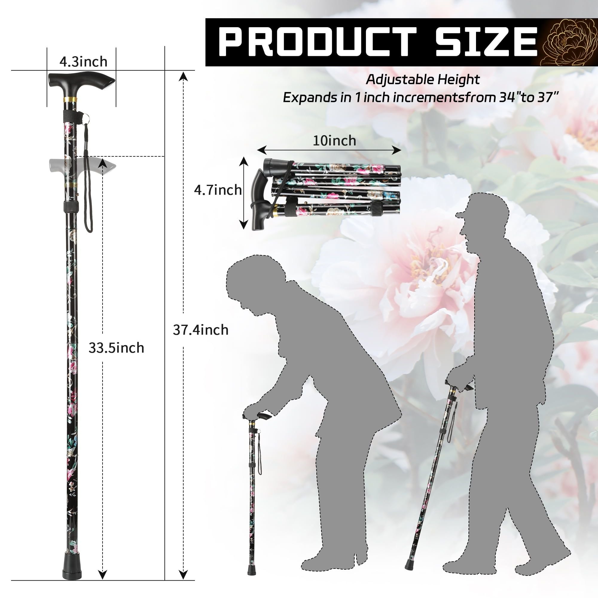 KEKOY Walking Cane for Women & Men, T Handle Portable and Foldable Walking Sticks for Seniors, Adjustable Walking Cane with 2 Replaceable Cane Tips