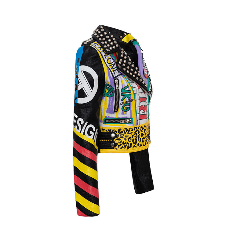 Women's Leather Print Contrast Cropped Jacket Pi-Mart