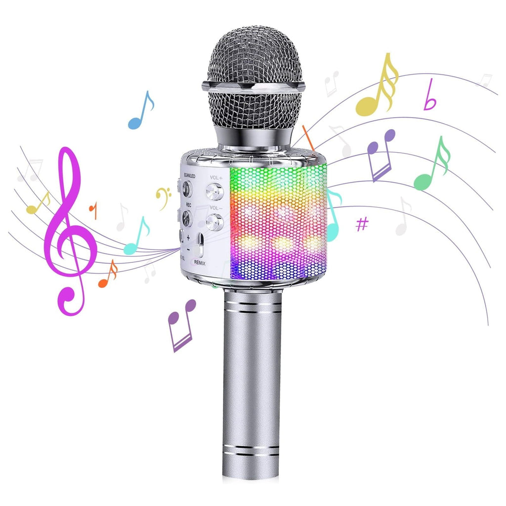 Kids Microphone, Wireless Bluetooth Microphone with LED Lights, Children Microphone Singing Toys Christmas Gifts for Kids and Adults, Silver EasyOptionXY LLC