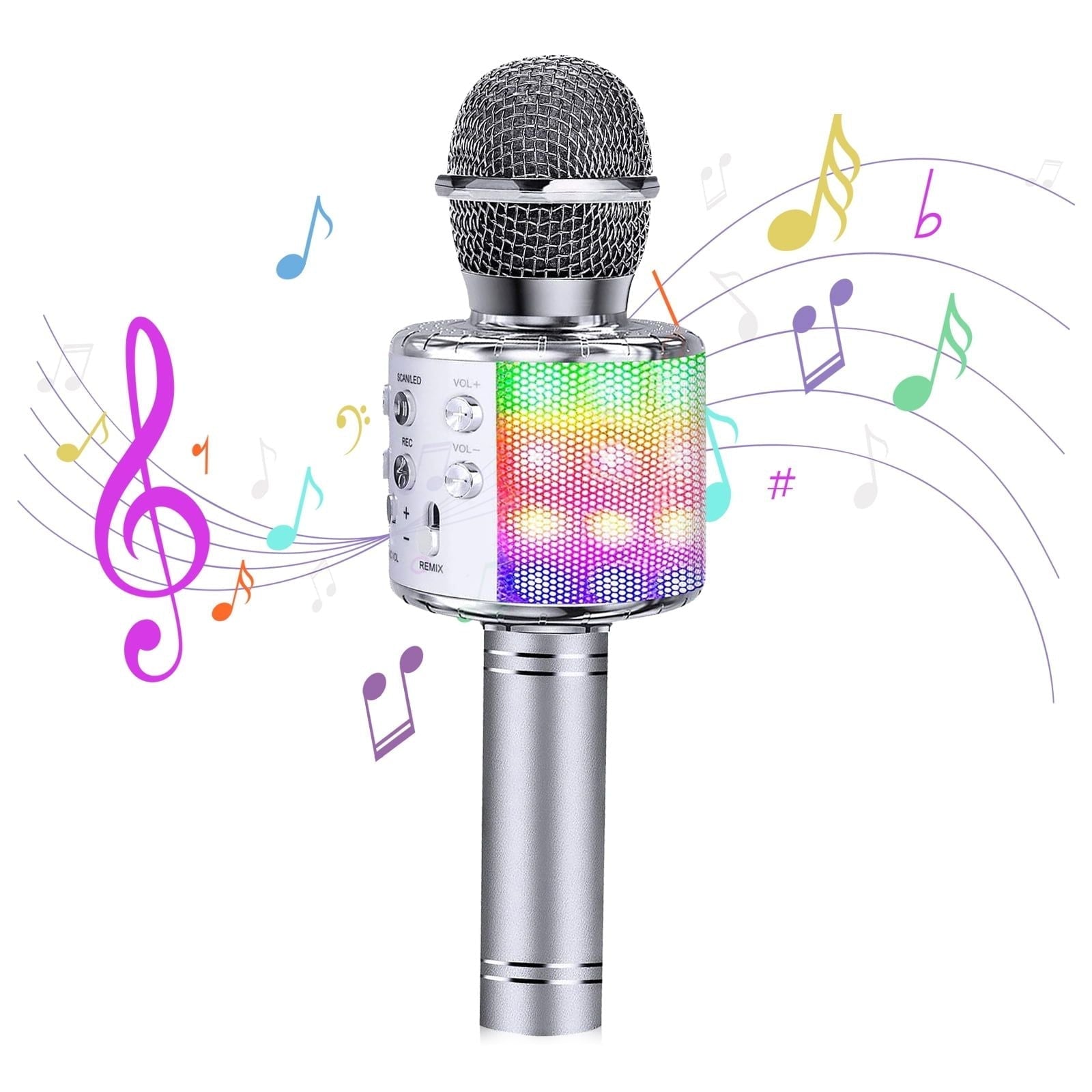 Kids Microphone, Wireless Bluetooth Microphone with LED Lights, Children Microphone Singing Toys Christmas Gifts for Kids and Adults, Silver EasyOptionXY LLC