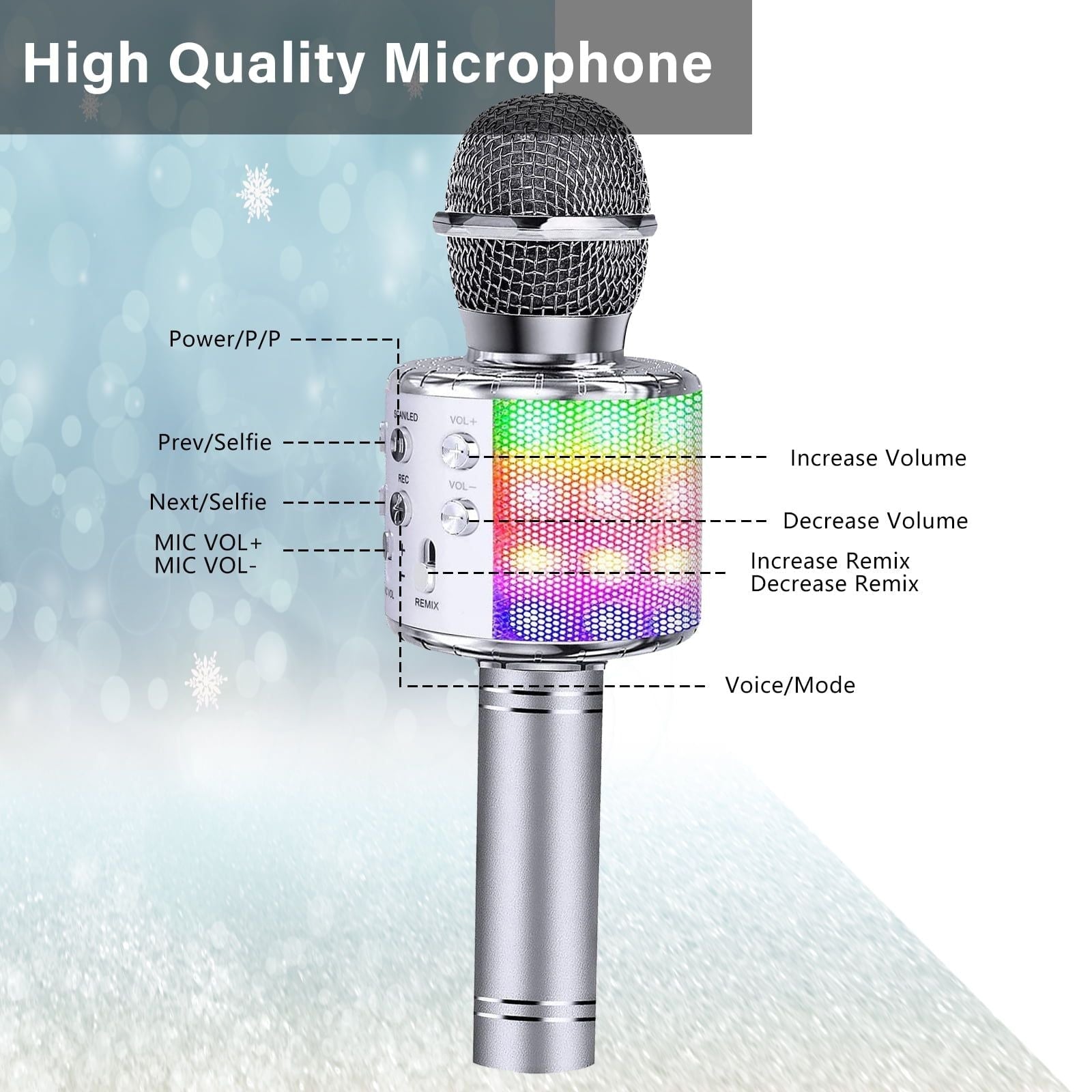 Kids Microphone, Wireless Bluetooth Microphone with LED Lights, Children Microphone Singing Toys Christmas Gifts for Kids and Adults, Silver EasyOptionXY LLC