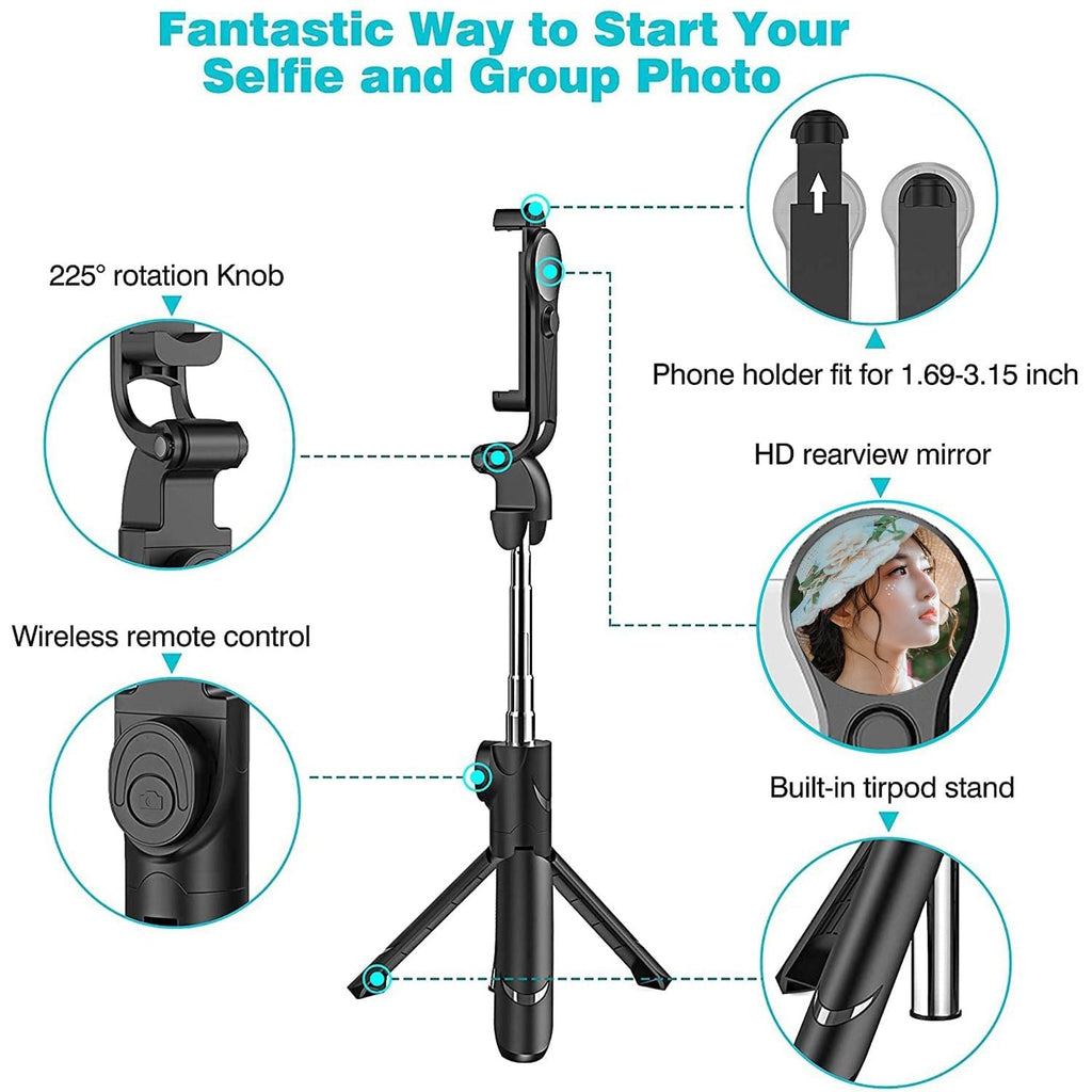Tripod Stand Selfie Stick, Extendable Bluetooth Selfie Stick with Wireless Remote Compatible with iPhone XR/XS/X/8/Plus/7/Plus/SE/6S/6/Plus, Galaxy S9/S8/S7/S6, Android, More, Black EasyOptionXY LLC