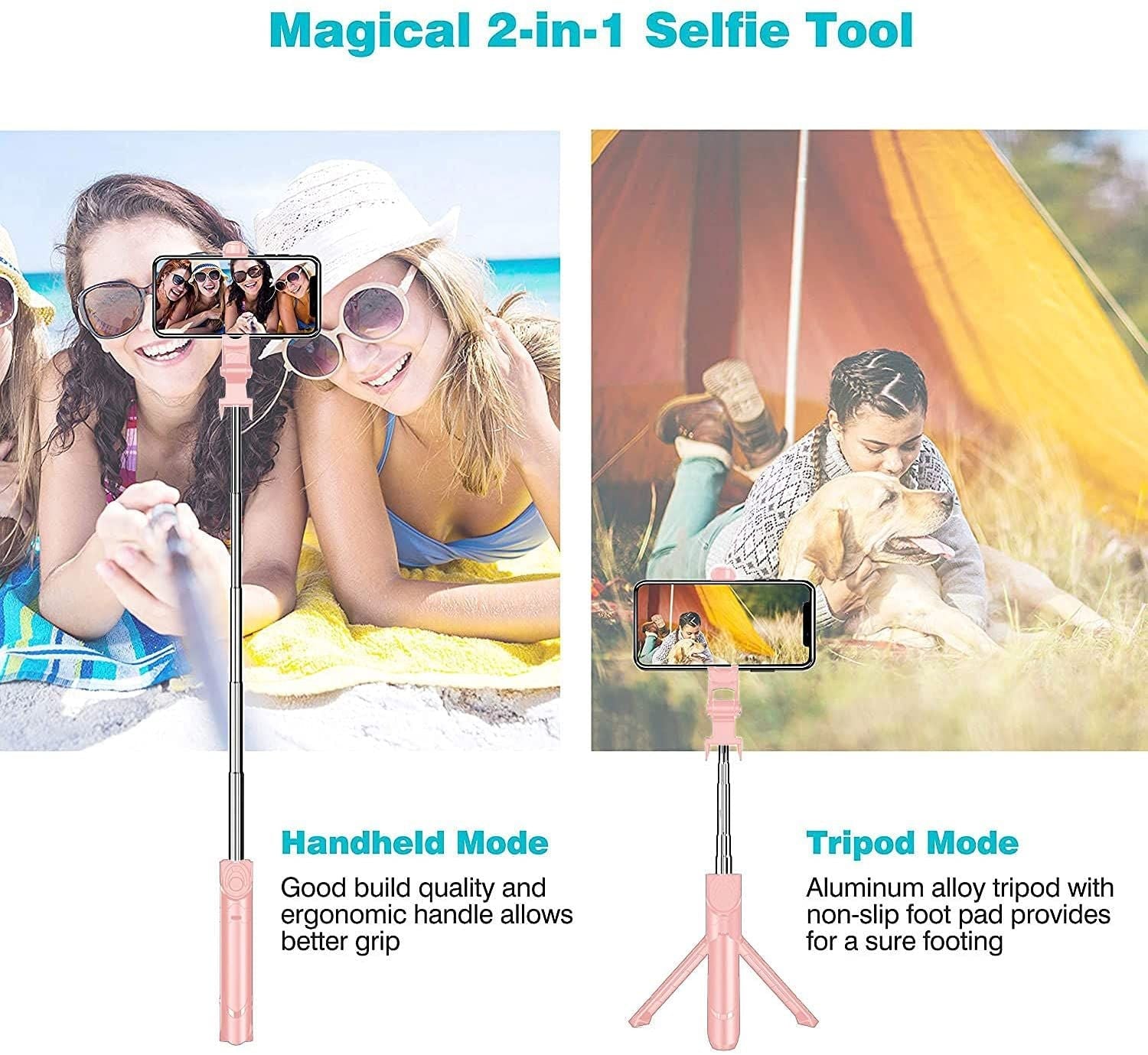 Tripod Stand Selfie Stick, Extendable Bluetooth Selfie Stick with Wireless Remote Compatible with iPhone XR/XS/X/8/Plus/7/Plus/SE/6S/6/Plus, Galaxy S9/S8/S7/S6, Android, More, Pink EasyOptionXY LLC