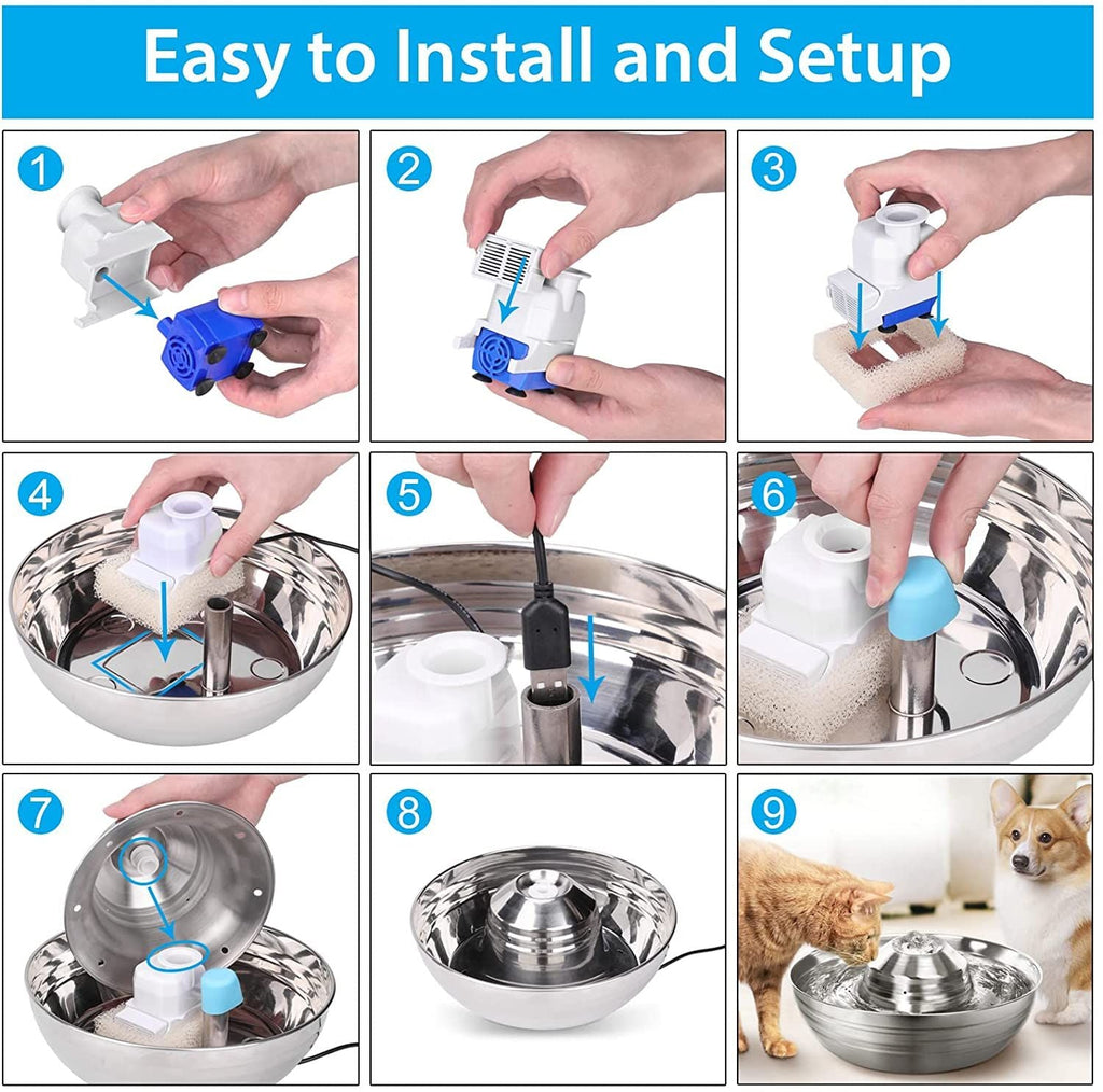 Cat Water Fountain, 2L/67oz Stainless Steel Pet Water Fountain, Quiet Cat Water Bowl for Cats and Small Dogs (Silver) EasyOptionXY LLC