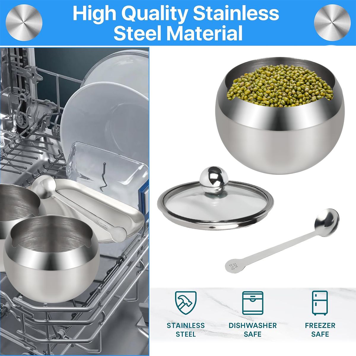 Stainless Steel Sugar Bowl, Sugar Pot with Lid and Spoon, Large Sugar Container for Home Kitchen (500 Milliliter) EasyOptionXY LLC