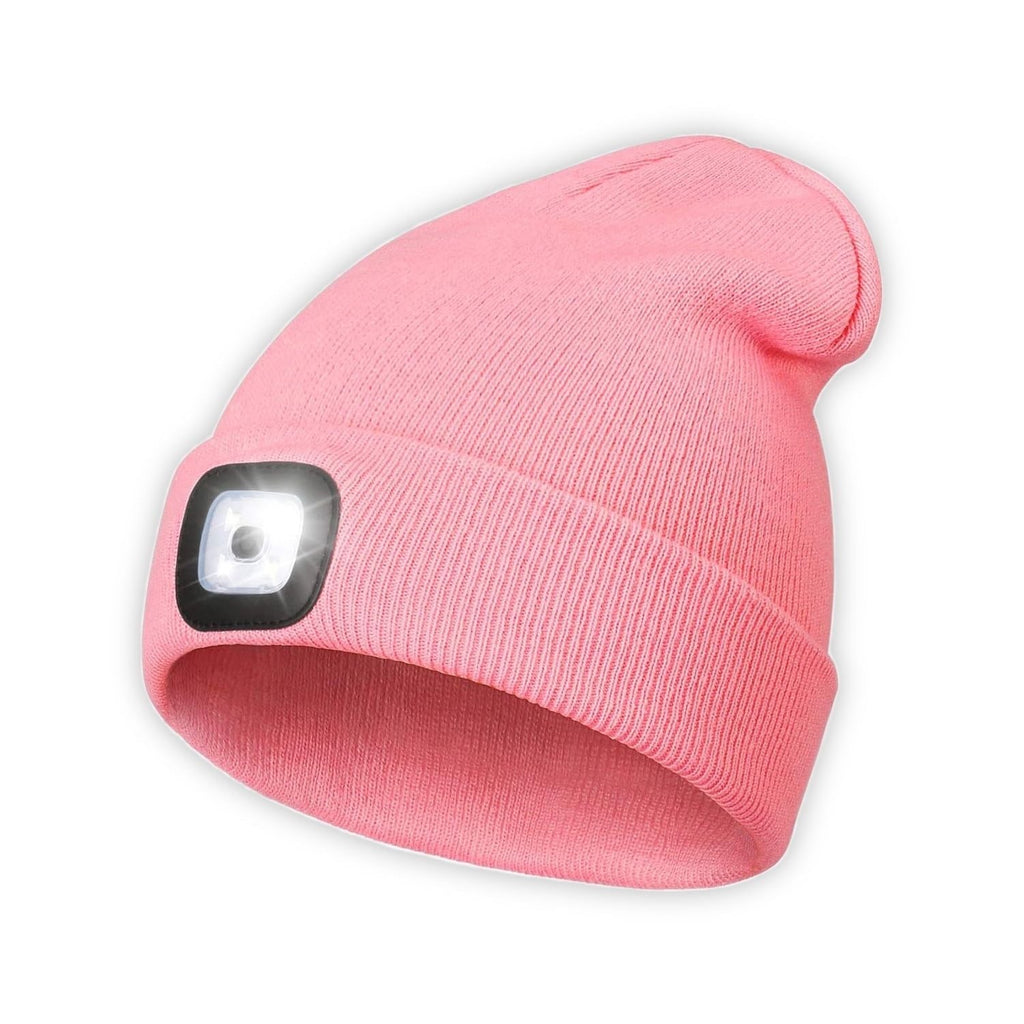 LED Beanie Hat with Light, Unisex USB Rechargeable Hands Free 4 LED Headlamp Cap, Winter Knitted Headlight, Men Gifts for Dad Husband (Pink) EasyOptionXY LLC