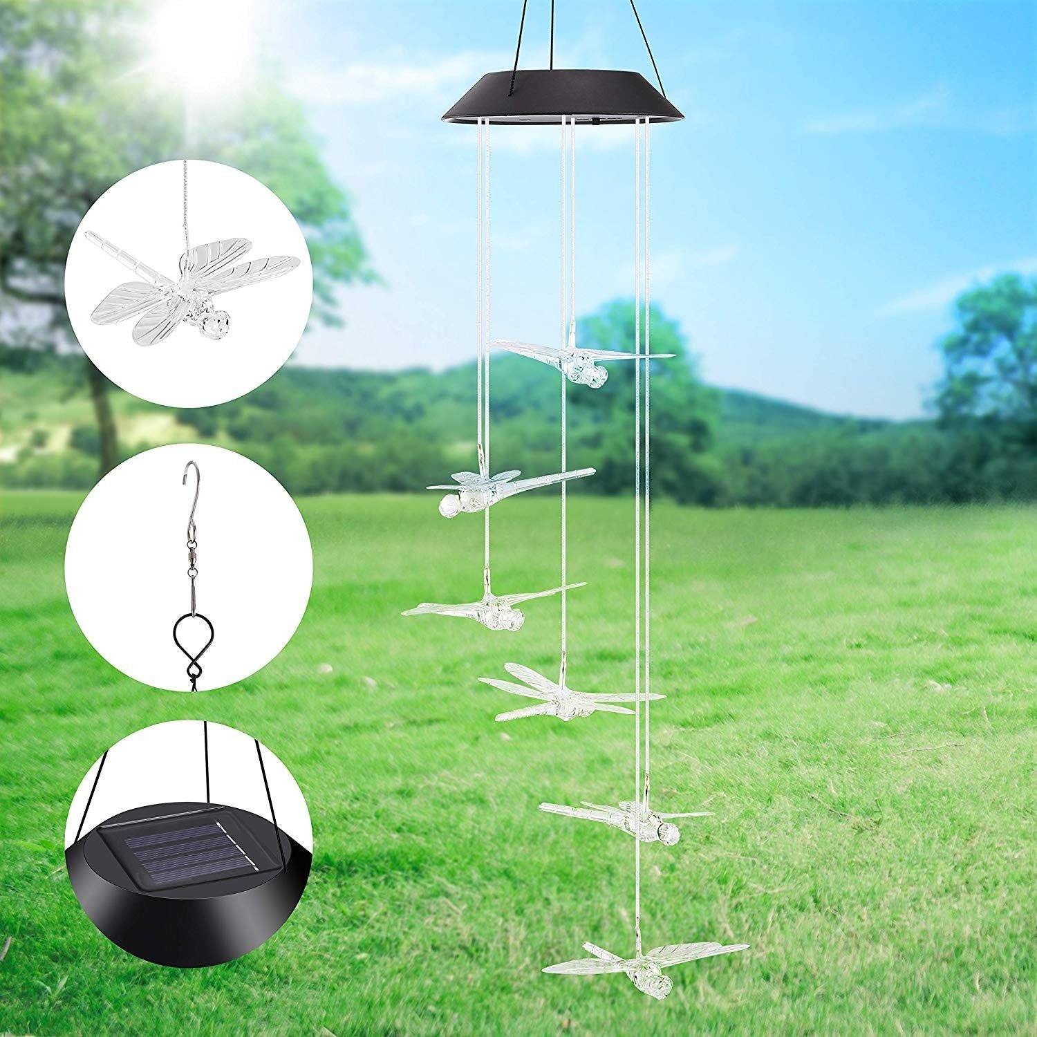 Solar Dragonfly Wind Chimes, Outdoor Color Changing Solar Wind Chimes, Romantic Wind Bell Light Birthday Gifts for Mom Patio Yard Garden Home EasyOptionXY LLC