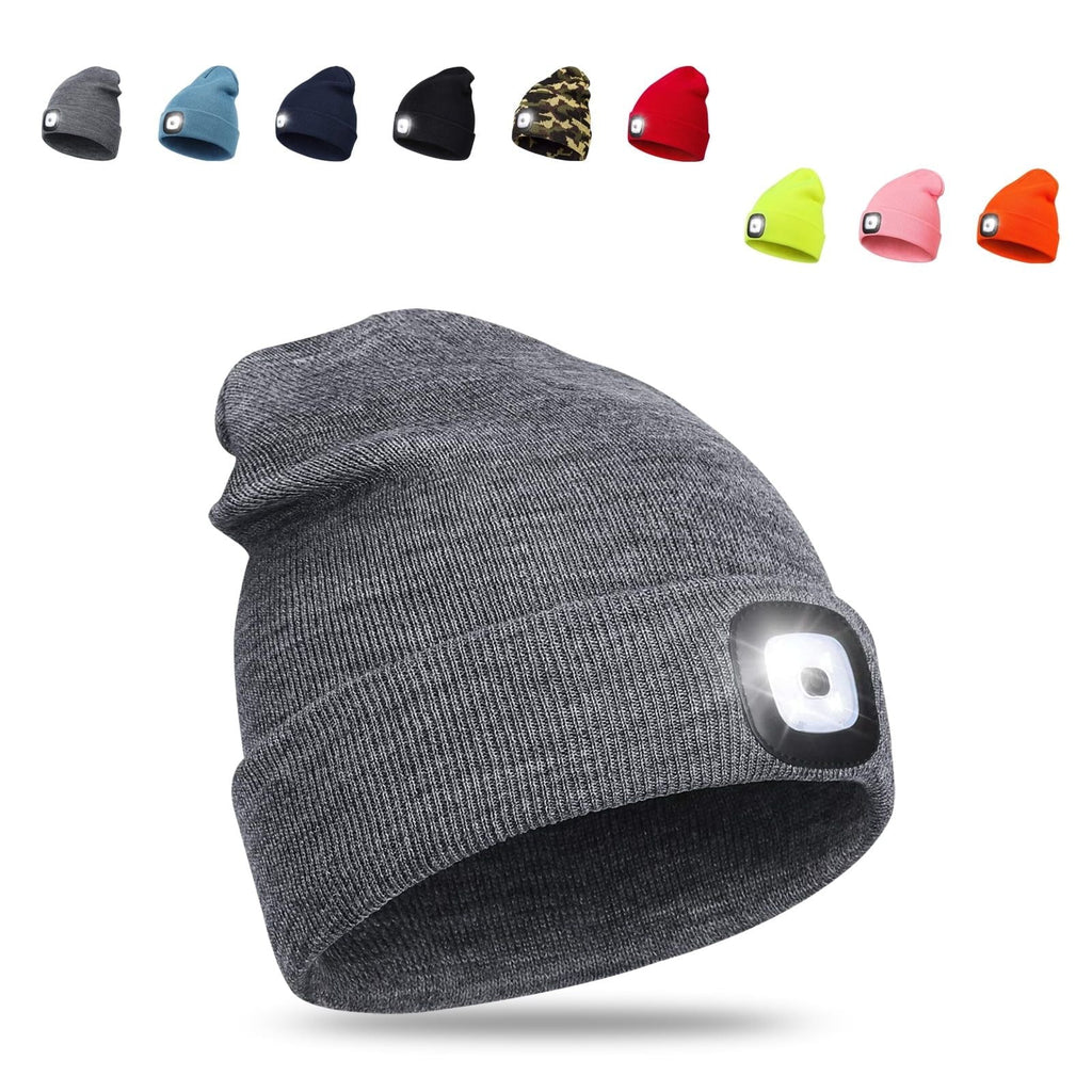 LED Beanie Hat with Light, Unisex USB Rechargeable Hands Free 4 LED Headlamp Cap, Winter Knitted Headlight, Men Gifts for Dad Husband (Gray) EasyOptionXY LLC