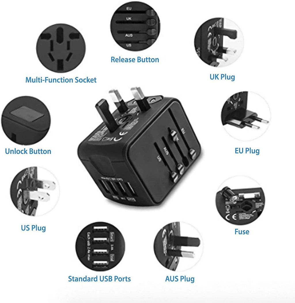 European Travel Plug Adapter, Universal International Power Adapter with 2.4A 4 USB, All in One Wall Charger for UK, EU, AU, AUS (Black) EasyOptionXY LLC