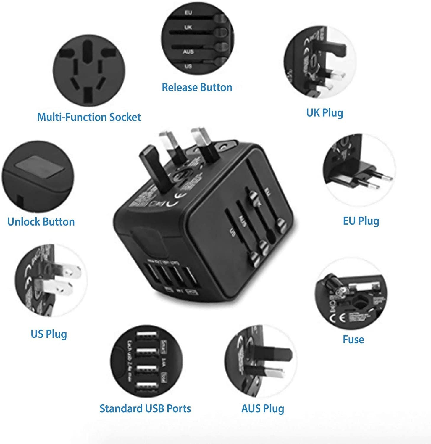 European Travel Plug Adapter, Universal International Power Adapter with 2.4A 4 USB, All in One Wall Charger for UK, EU, AU, AUS (Black) EasyOptionXY LLC