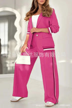 Women Suit Jacket 2 Piece Sets Striped Blazer Coat Turn Down Collar Single Breasted Wide Leg Pants Ensemble Office Lady Outfits Purplish Diva