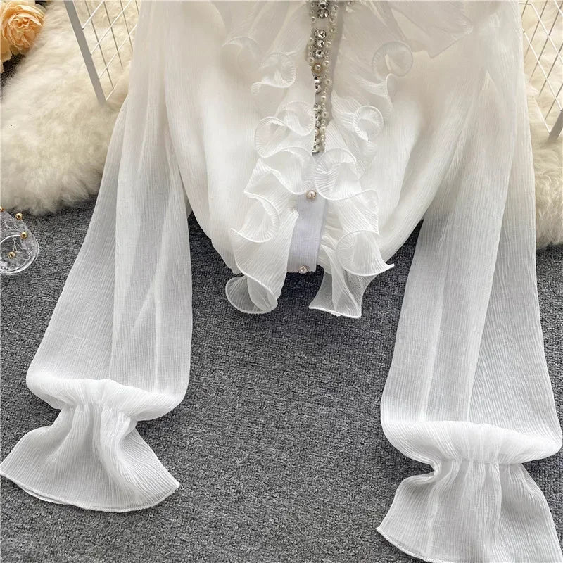 French Elegant Shirts Women Design Diamonds Loose Casual Tops Long Sleeve Ruffles Gentle Office Lady Blouses Spring Purplish Diva