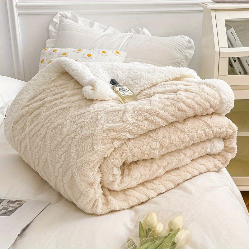 [Versatile Use] Luxurious Double-Layer Jacquard Taffeta Fleece Blanket, Thick Plush White Bed Throw for Single or Double Use - Soft, Cozy, All-Season Comfort, Ideal for Bedroom Elegance, Blanket for Bed Lootquake LLC