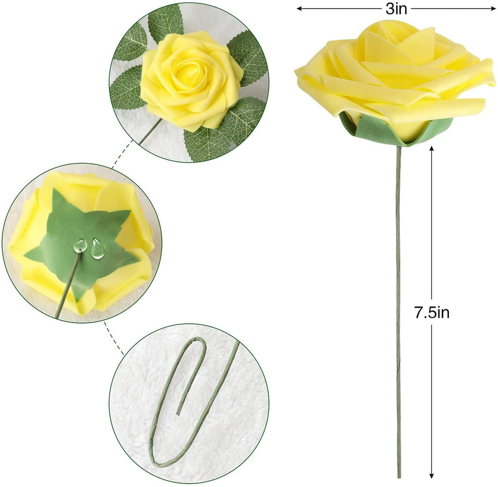 25 Pcs Artificial Rose Flowers, Foam Fake Flowers DIY Bouquets with Leaves and Stems for Wedding Party DIY Bouquets, Baby Shower, Home Decoration (Yellow) EasyOptionXY LLC