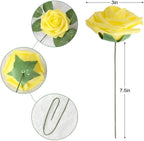 25 Pcs Artificial Rose Flowers, Foam Fake Flowers DIY Bouquets with Leaves and Stems for Wedding Party DIY Bouquets, Baby Shower, Home Decoration (Yellow) EasyOptionXY LLC