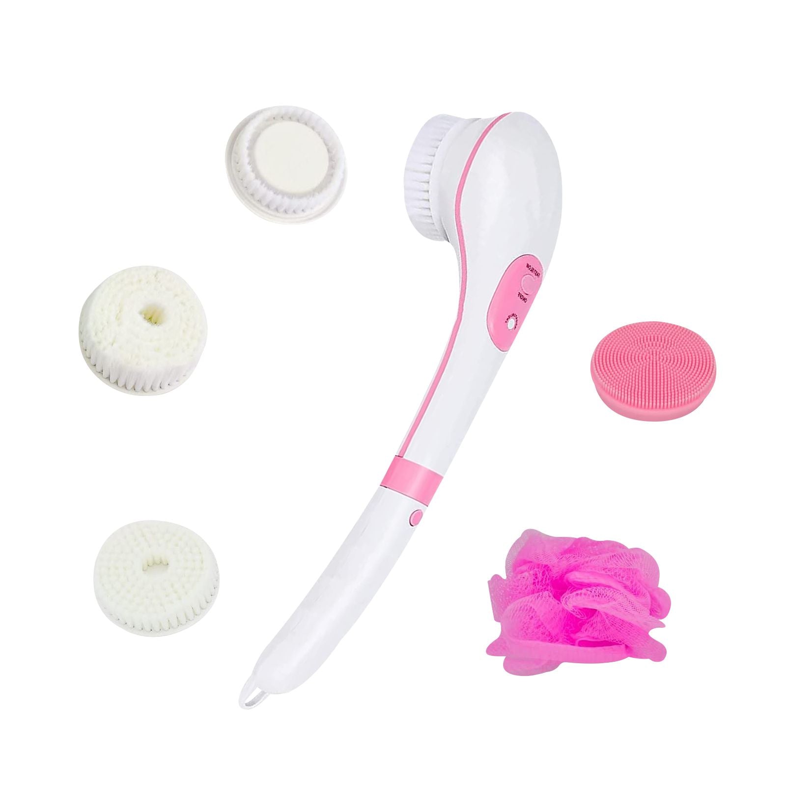 Electric Body Brush Shower, USB Rechargeable Back Body Brush with Long Handle, 5 in 1 Bath Shower Scrubber for Body Exfoliation and Massage Cleansing Set, Pink EasyOptionXY LLC