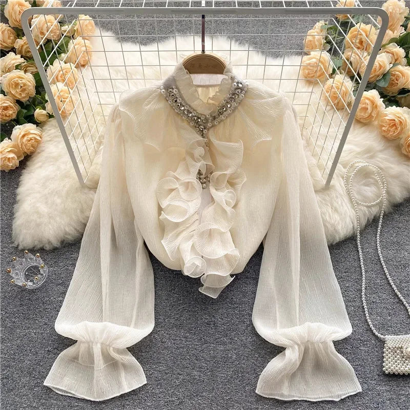 French Elegant Shirts Women Design Diamonds Loose Casual Tops Long Sleeve Ruffles Gentle Office Lady Blouses Spring Purplish Diva